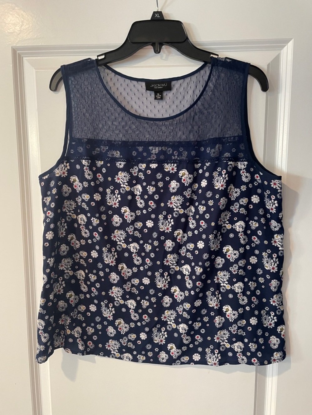 Jason Wu Navy Floral Mesh Yoke Sleeveless Camisole
